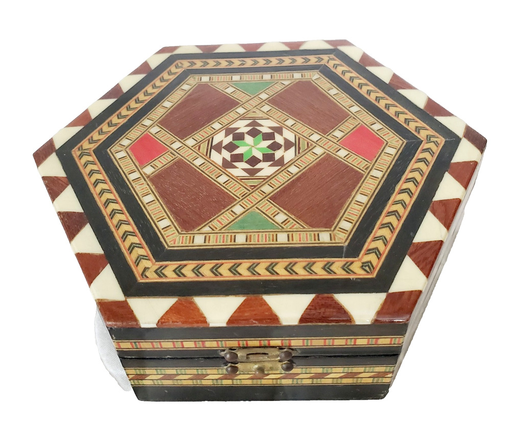 Vintage Spanish Marquetry Trinket Box| Hexagon Jewelry Inlaid Wood Taracea